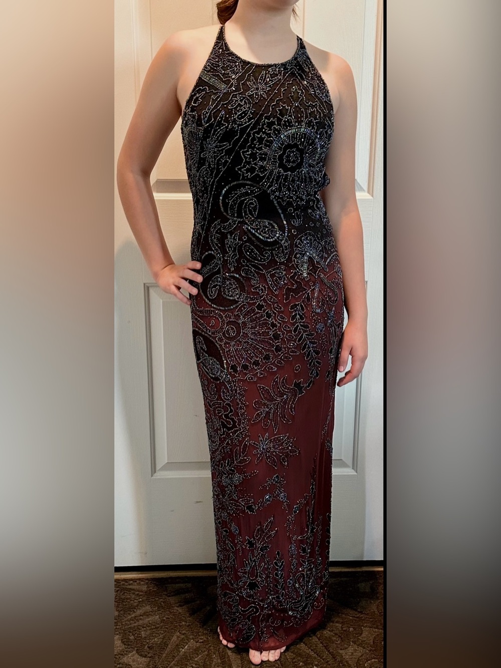 Vtg 1980s Laurence Kazar Silk Ombré (Black/Red) Beaded Scoop Back Gown